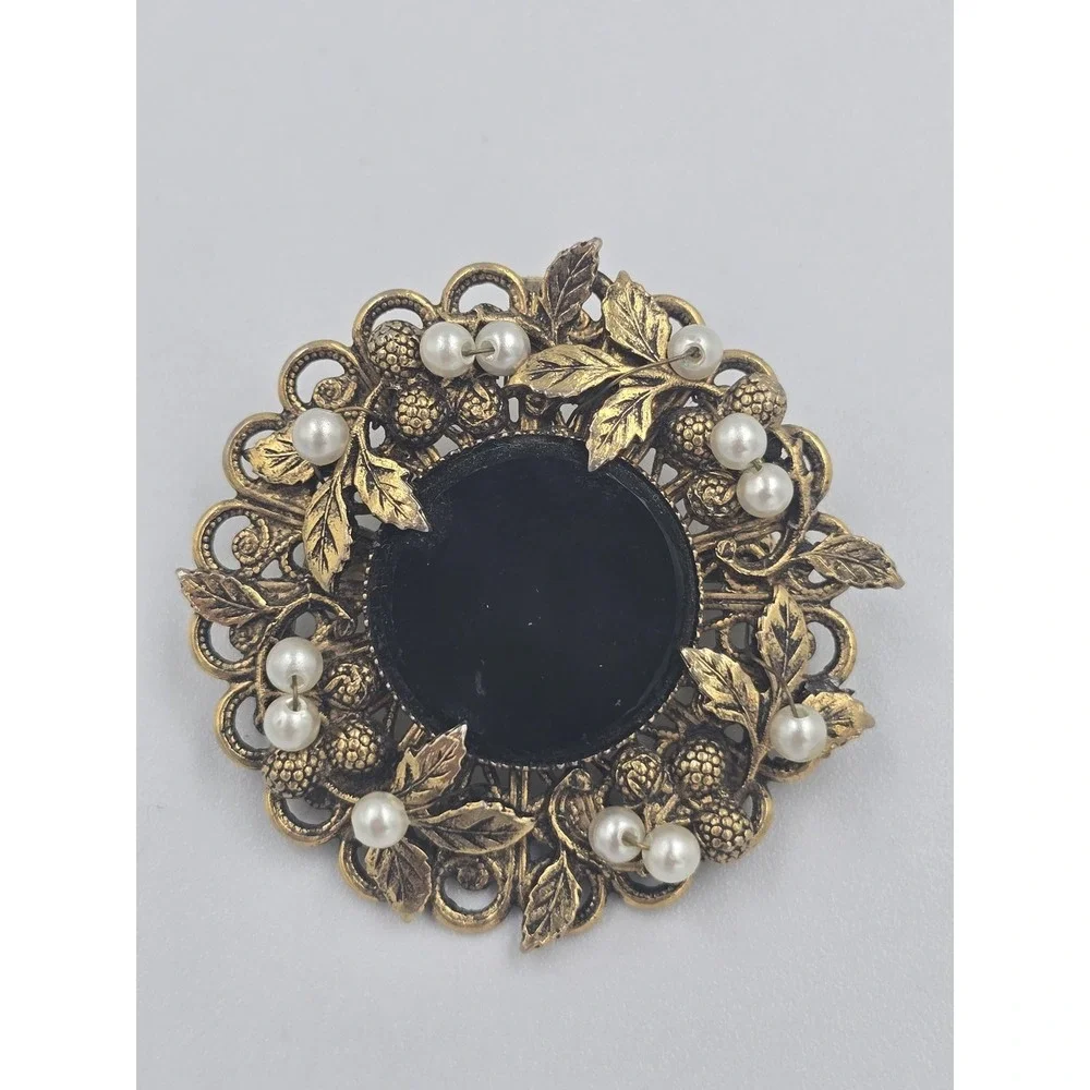 Vintage Gold Tone Filigree Black Cabochon Faux Pearl Mourning Brooch Pin Pendant